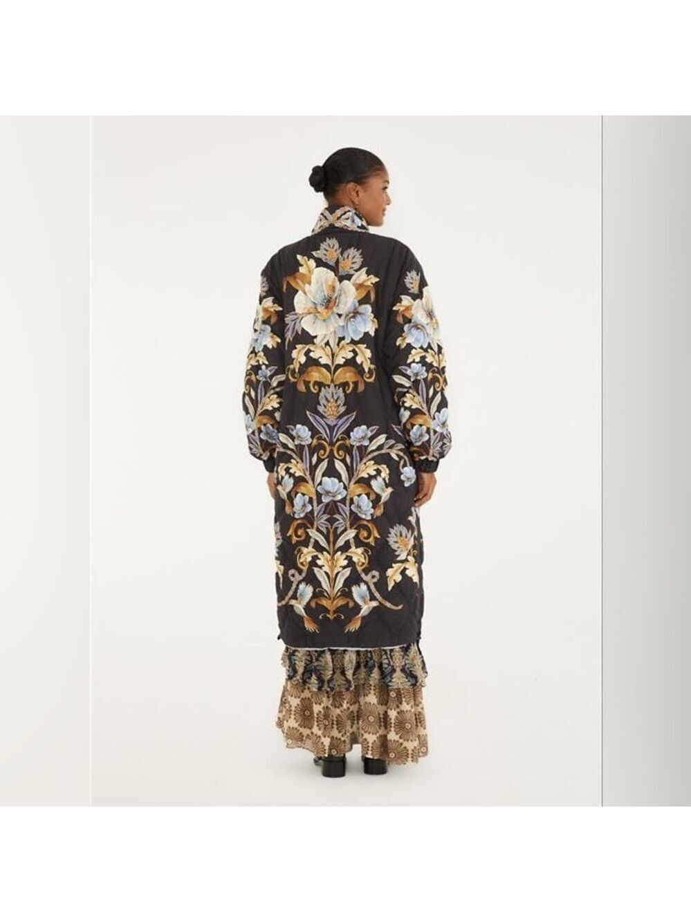 Farm Rio Black Flowerful Snake Garden Reversible Maxi Puffer Jacket - Picture 9 of 10